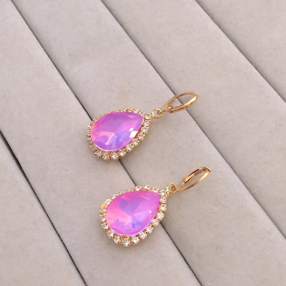 Pink-Purple Opal Aurora Borealis + Gold Crystal Halo Pear Drop Earrings - Picture 4 of 6